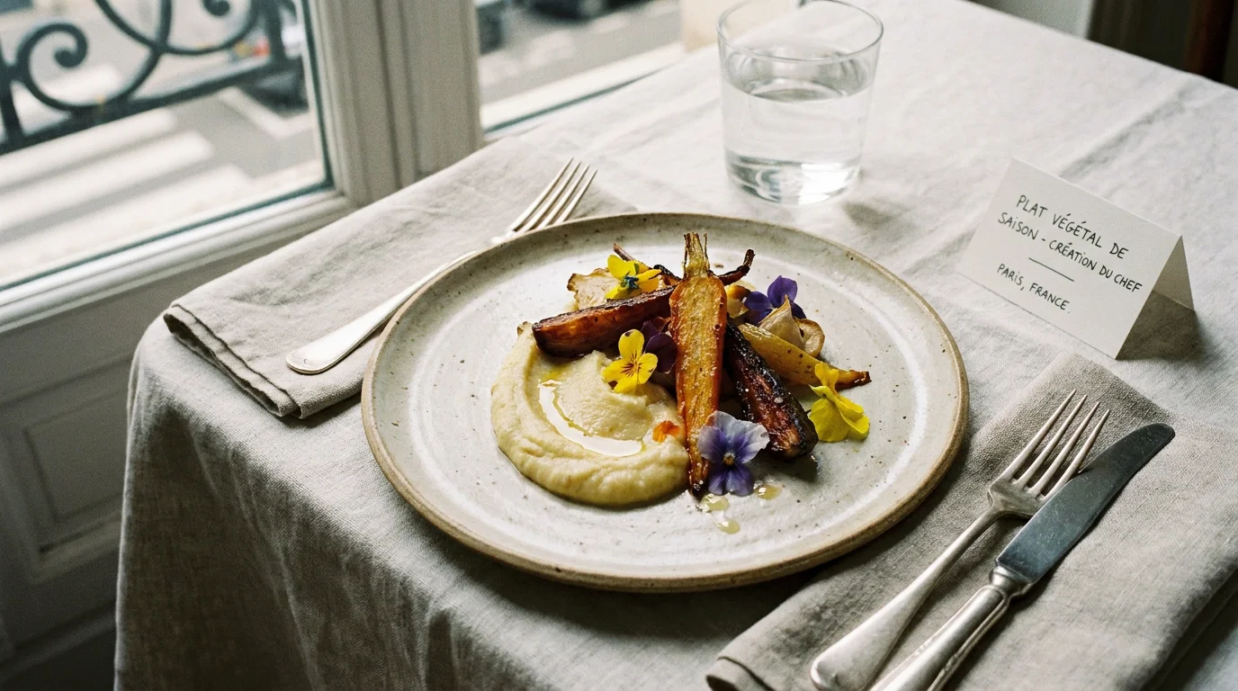 Assiette gastronomique végétale de saison dans un restaurant parisien raffiné