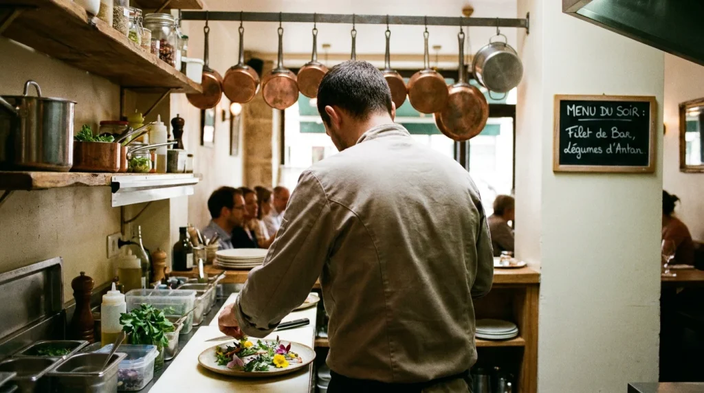 Chef dressant une assiette gastronomique avec herbes et fleurs dans un restaurant semi-gastronomique parisien