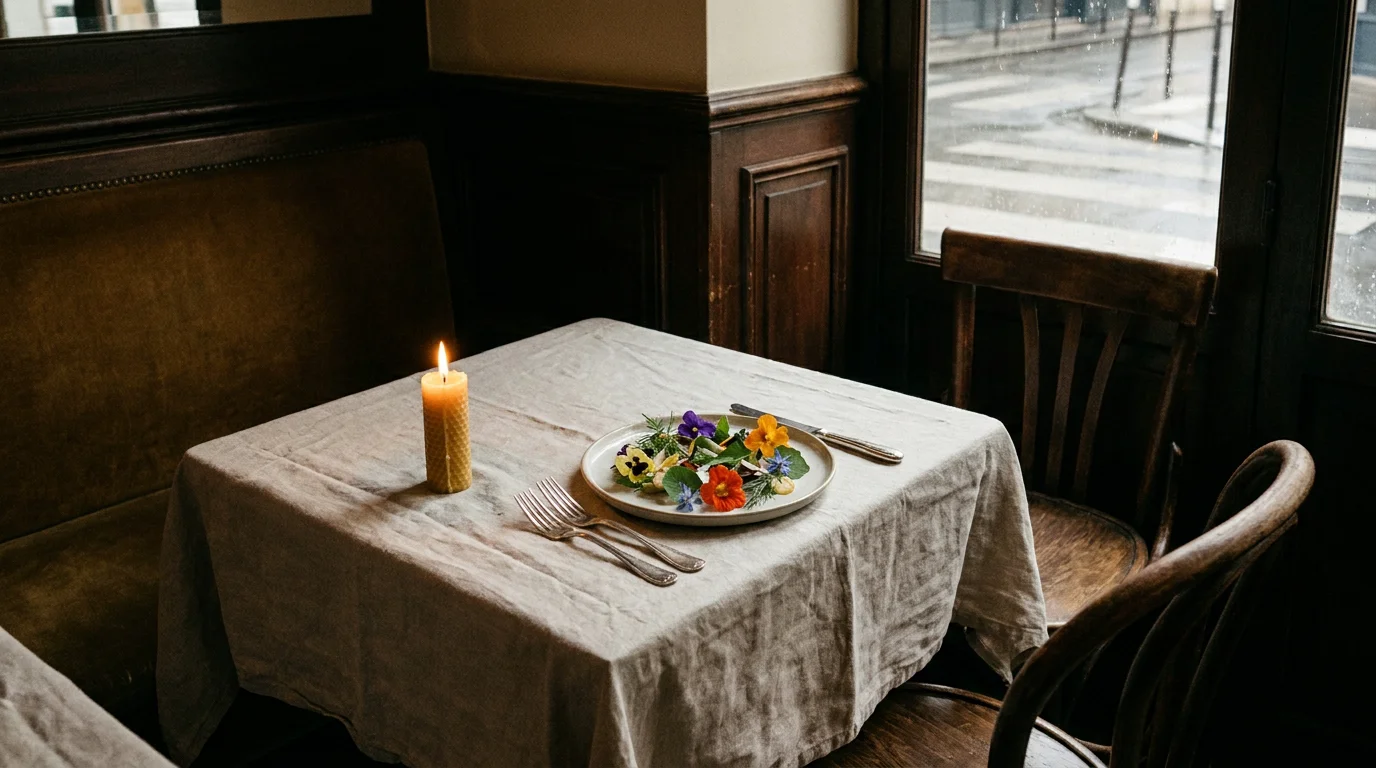Table dressée dans un restaurant semi-gastronomique parisien avec assiette de cuisine créative et ambiance intimiste