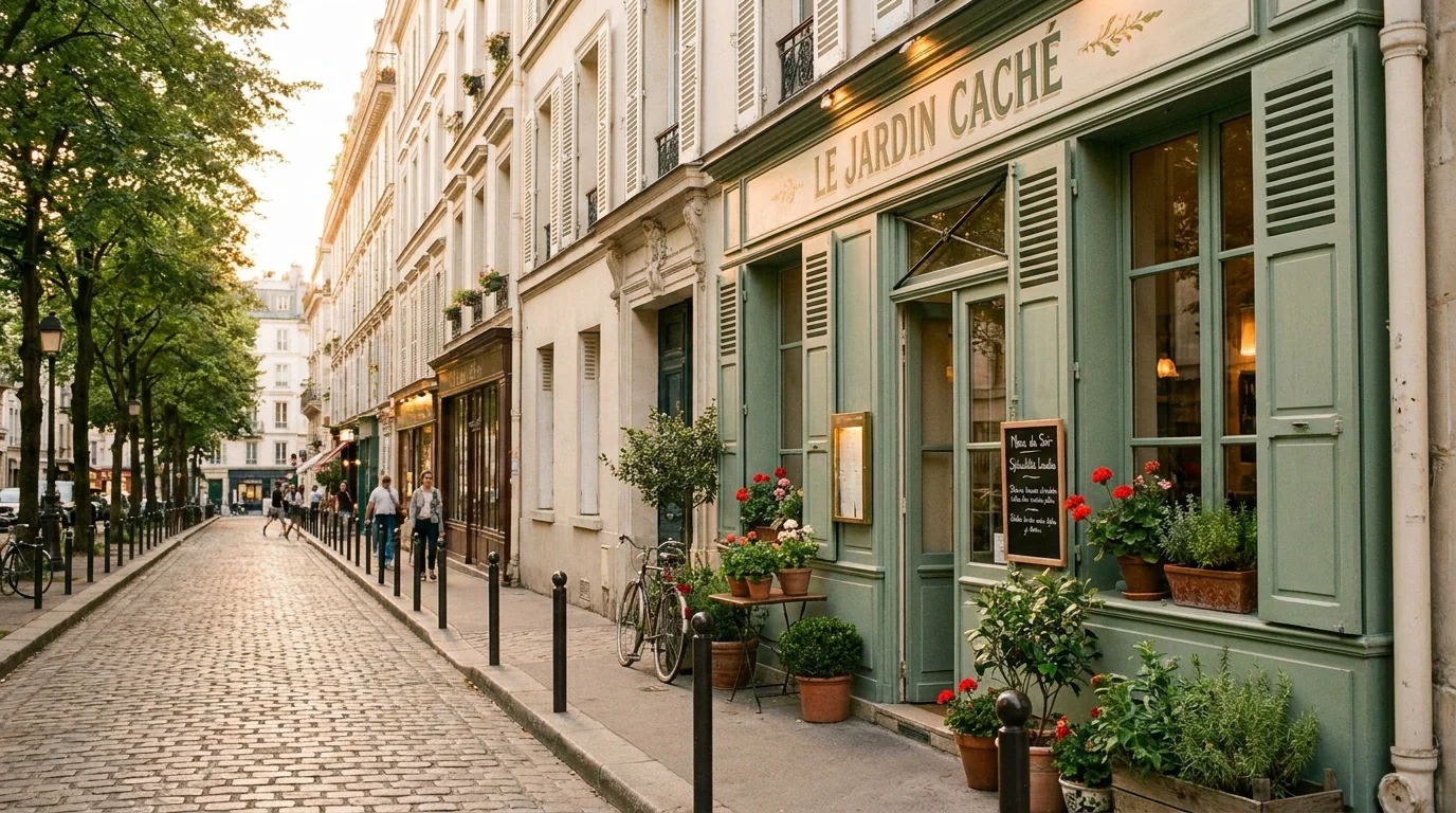 Rue du quartier des Batignolles à Paris 17 avec devanture de restaurant intimiste en fin de journée