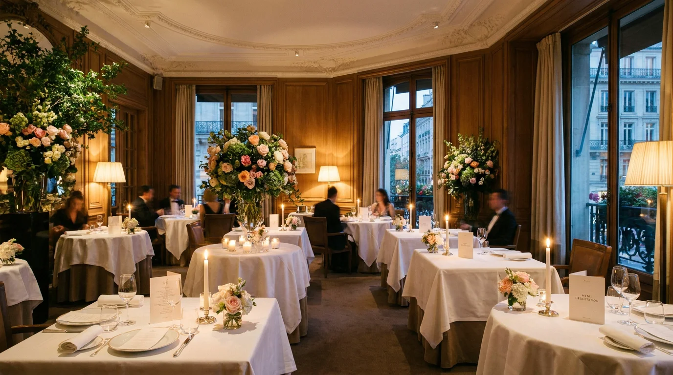 Salle intimiste d'un restaurant de classe à Paris avec décoration florale et éclairage tamisé