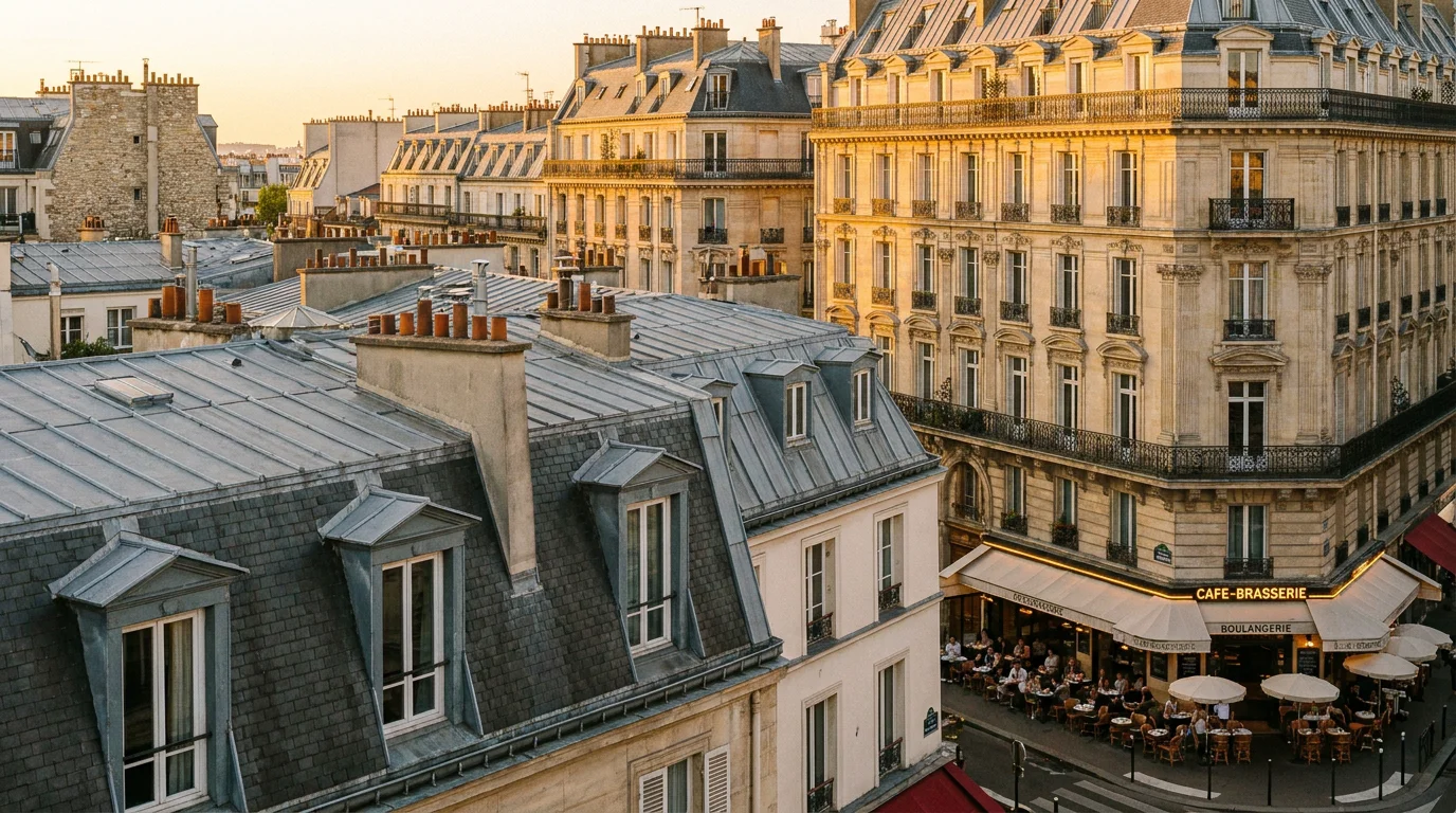 Vue des toits et terrasses de restaurants du 17e arrondissement de Paris au coucher du soleil