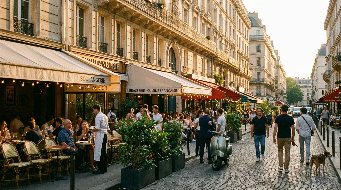 Terrasses de restaurants dans le 17e arrondissement de Paris en fin de journée