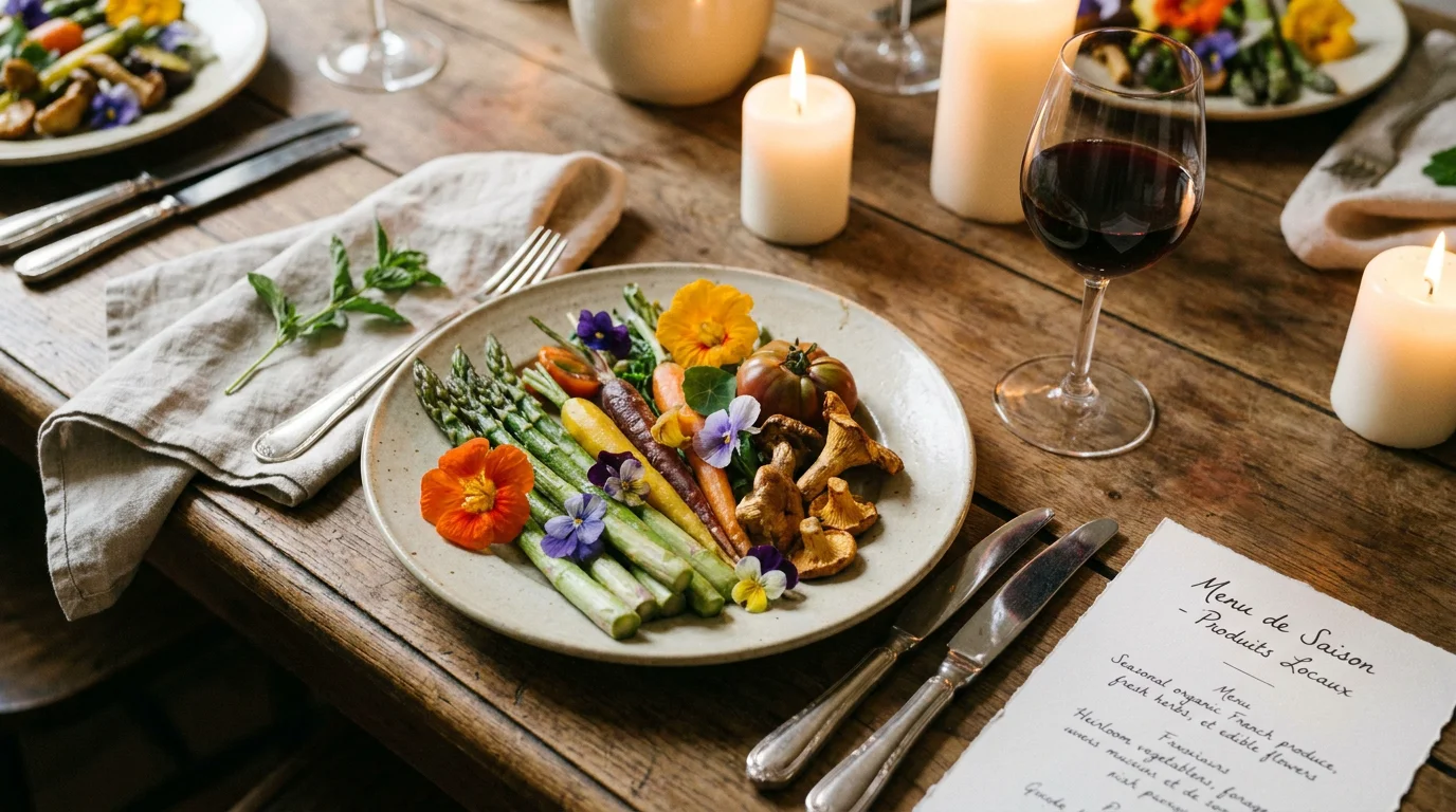 Assiette gastronomique bio de saison avec herbes et fleurs comestibles dans un restaurant intimiste
