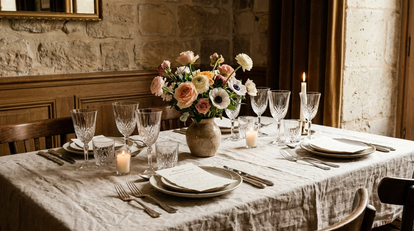 Table élégante dressée dans un restaurant gastronomique intimiste à Paris