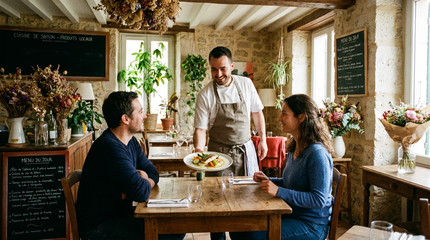 Chef échangeant avec des convives dans un restaurant gastronomique intimiste à Paris
