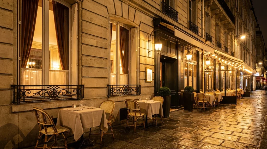 Façade élégante d'un restaurant gastronomique parisien en soirée