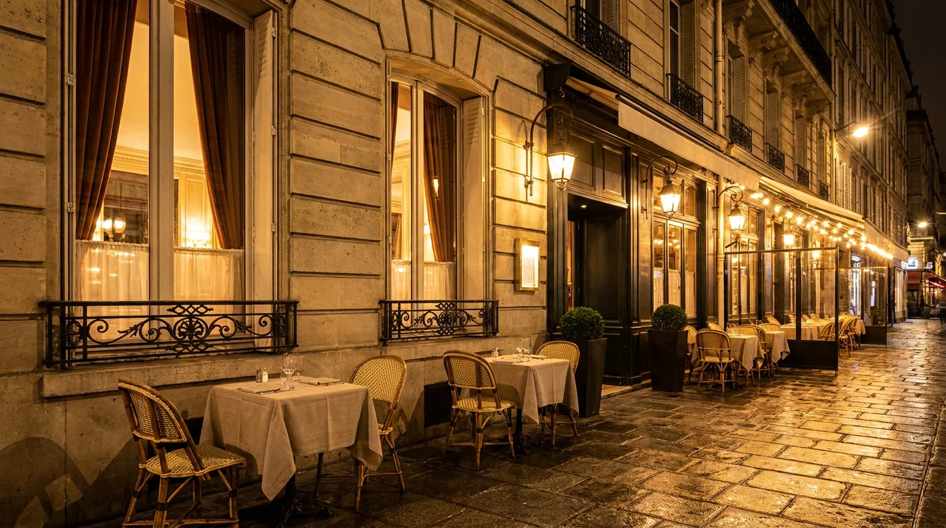 Façade élégante d'un restaurant gastronomique parisien en soirée