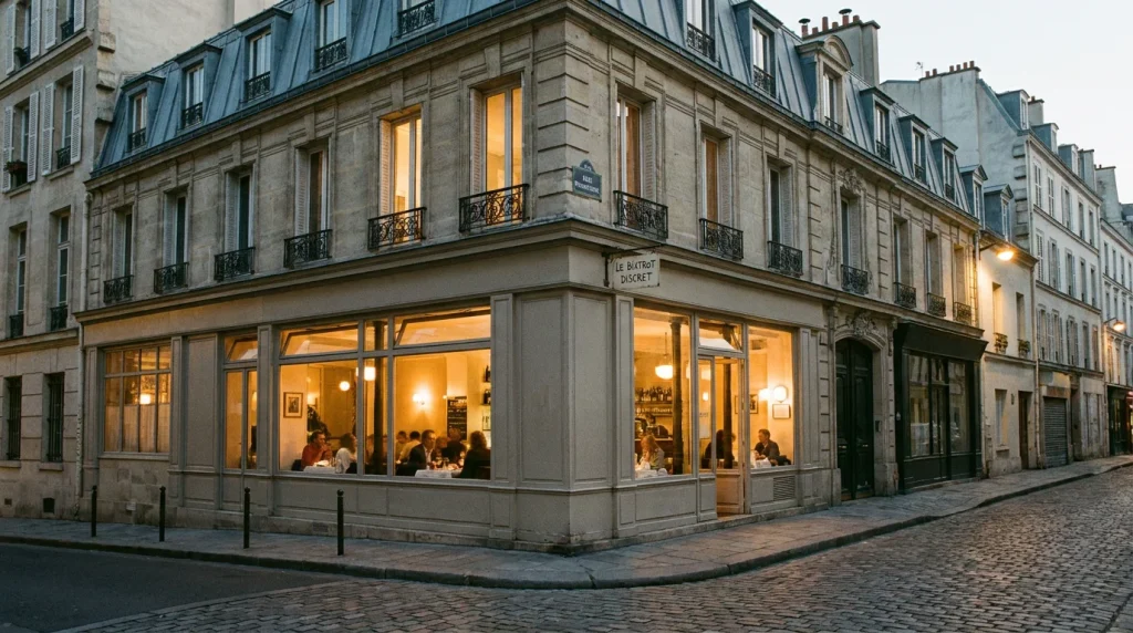 Façade élégante d'un restaurant semi gastronomique dans le 17e arrondissement de Paris au crépuscule