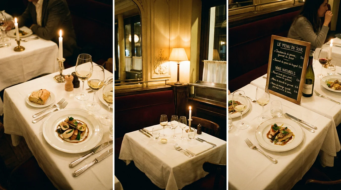Intérieur intimiste d'un restaurant semi gastronomique à Paris avec tables élégamment dressées