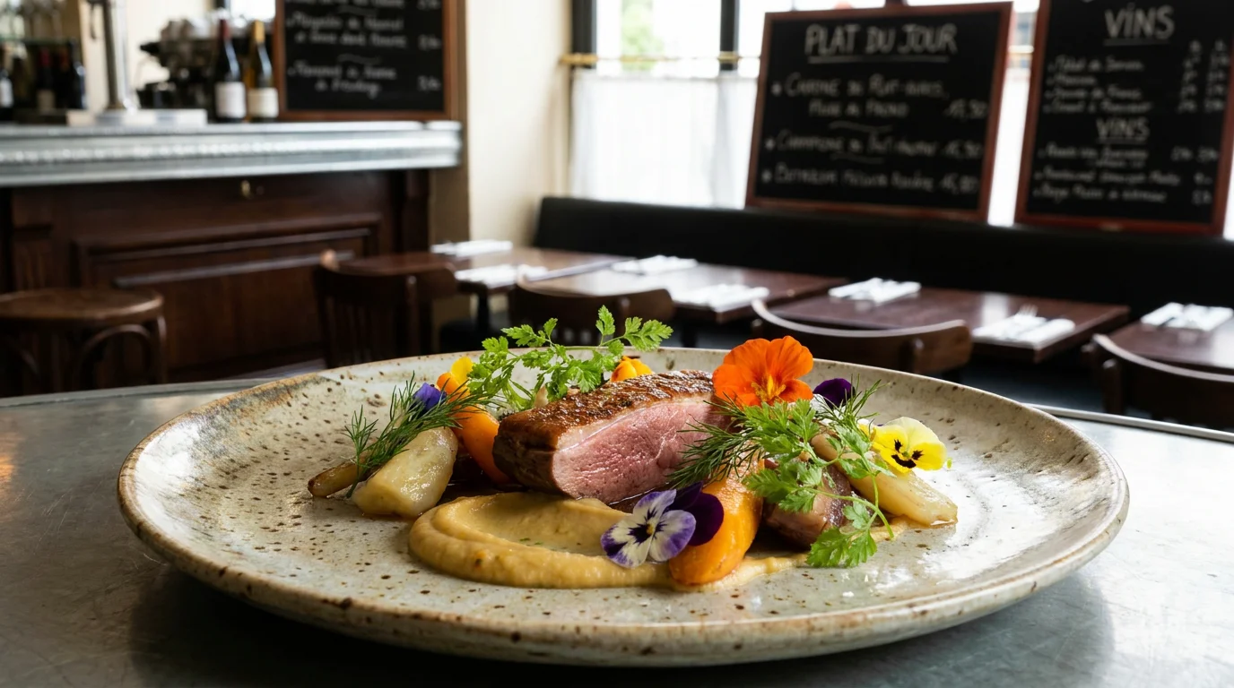 Assiette de cuisine semi gastronomique parisienne avec herbes fraîches et fleurs comestibles