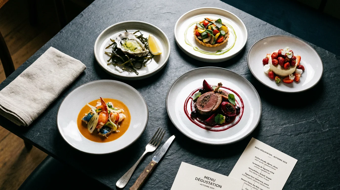 Menu dégustation gastronomique en cinq actes présenté sur une table sombre avec assiettes contemporaines