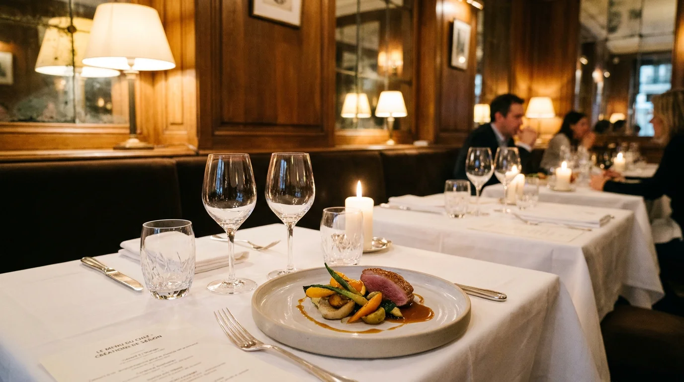 Table gastronomique dressée dans un restaurant parisien intime avec assiette contemporaine