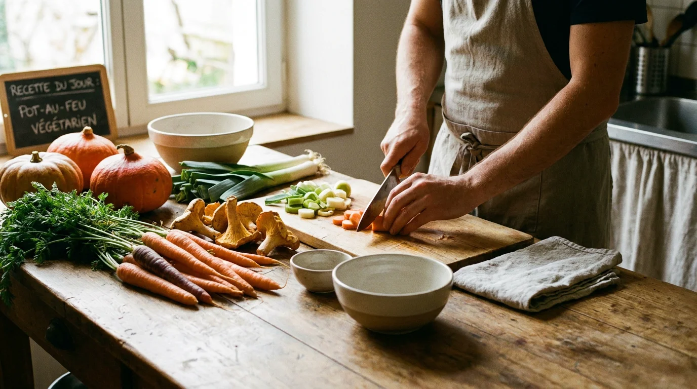 Chef travaillant des légumes de saison dans une cuisine ouverte avec lumière naturelle