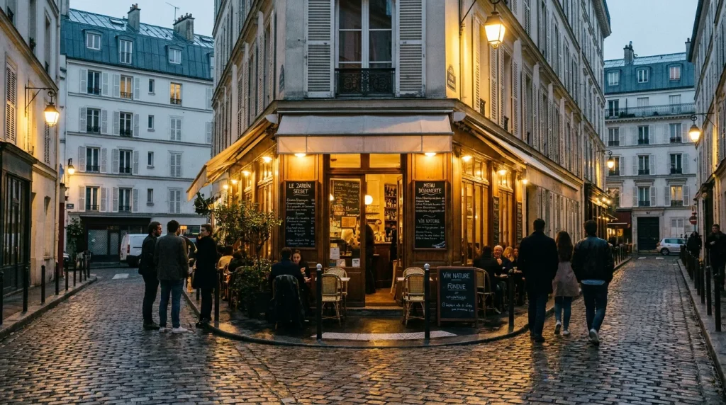 Façade chaleureuse d'un restaurant intimiste dans le quartier des Batignolles à Paris