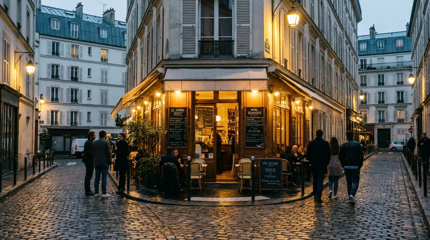Façade chaleureuse d'un restaurant intimiste dans le quartier des Batignolles à Paris