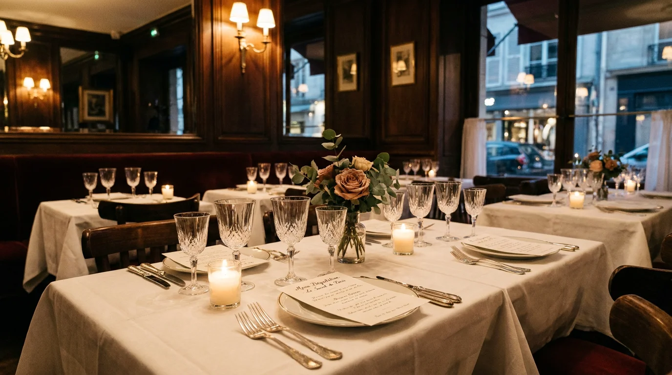 Table dressée dans un restaurant gastronomique intimiste à Paris