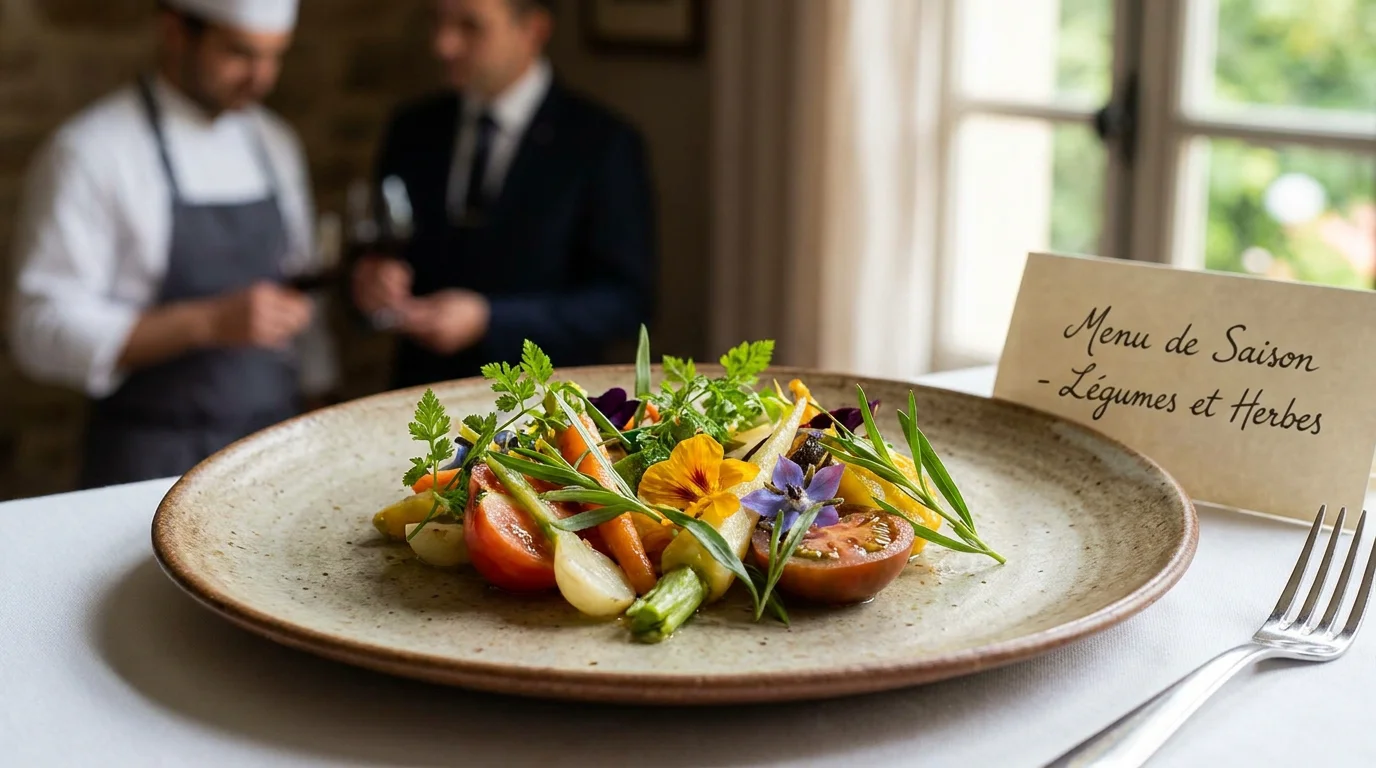 Plat de saison gastronomique à base de légumes bio dans un restaurant parisien