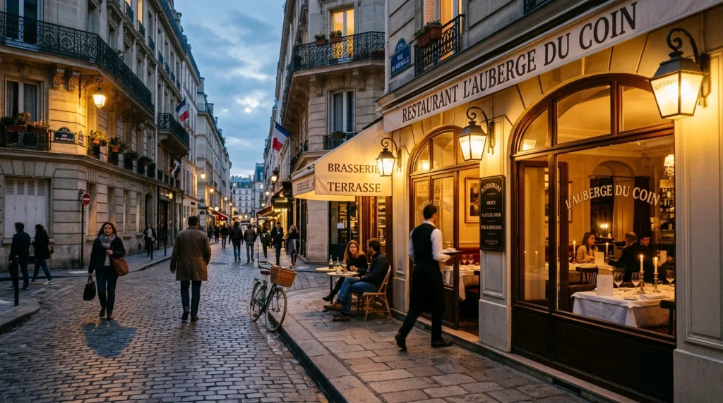 Façade illuminée d'un restaurant parisien bien noté au crépuscule dans une rue typique