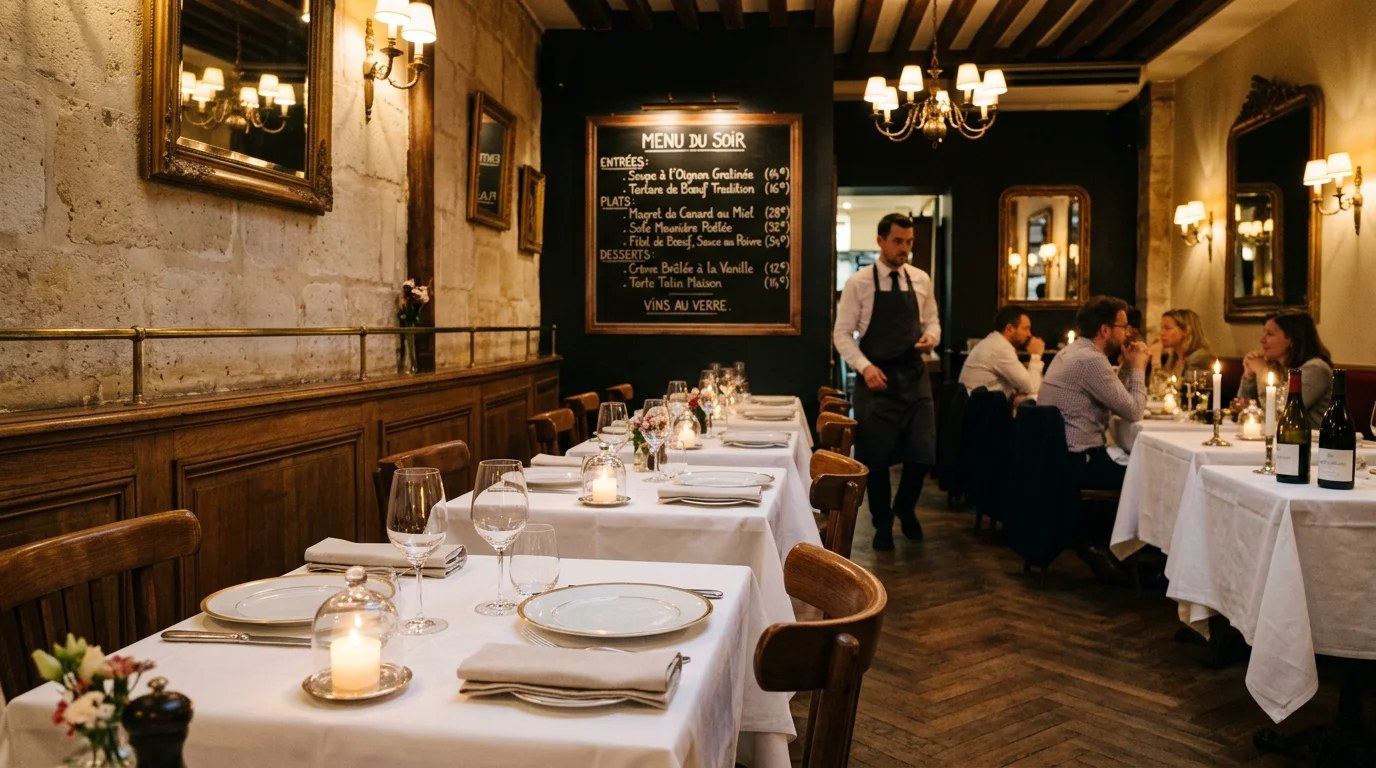 Intérieur élégant d'un restaurant parisien bien noté avec tables dressées et éclairage tamisé