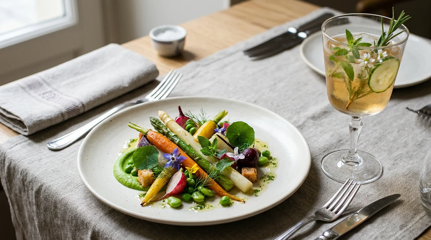 Assiette gastronomique végétale accompagnée d'un accord botanique sans alcool dans un restaurant parisien