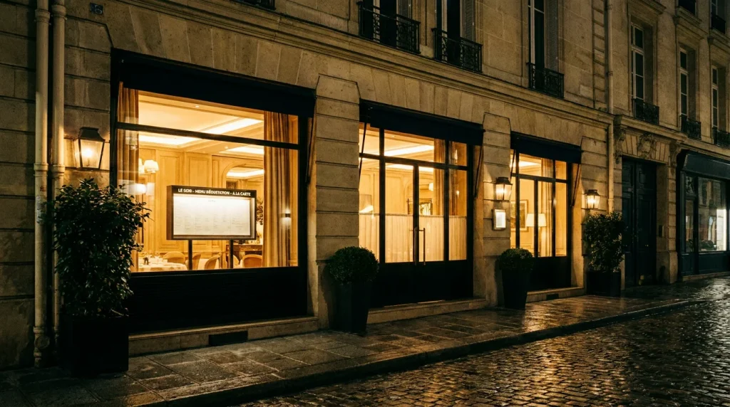 Façade illuminée d'un grand restaurant gastronomique parisien en soirée