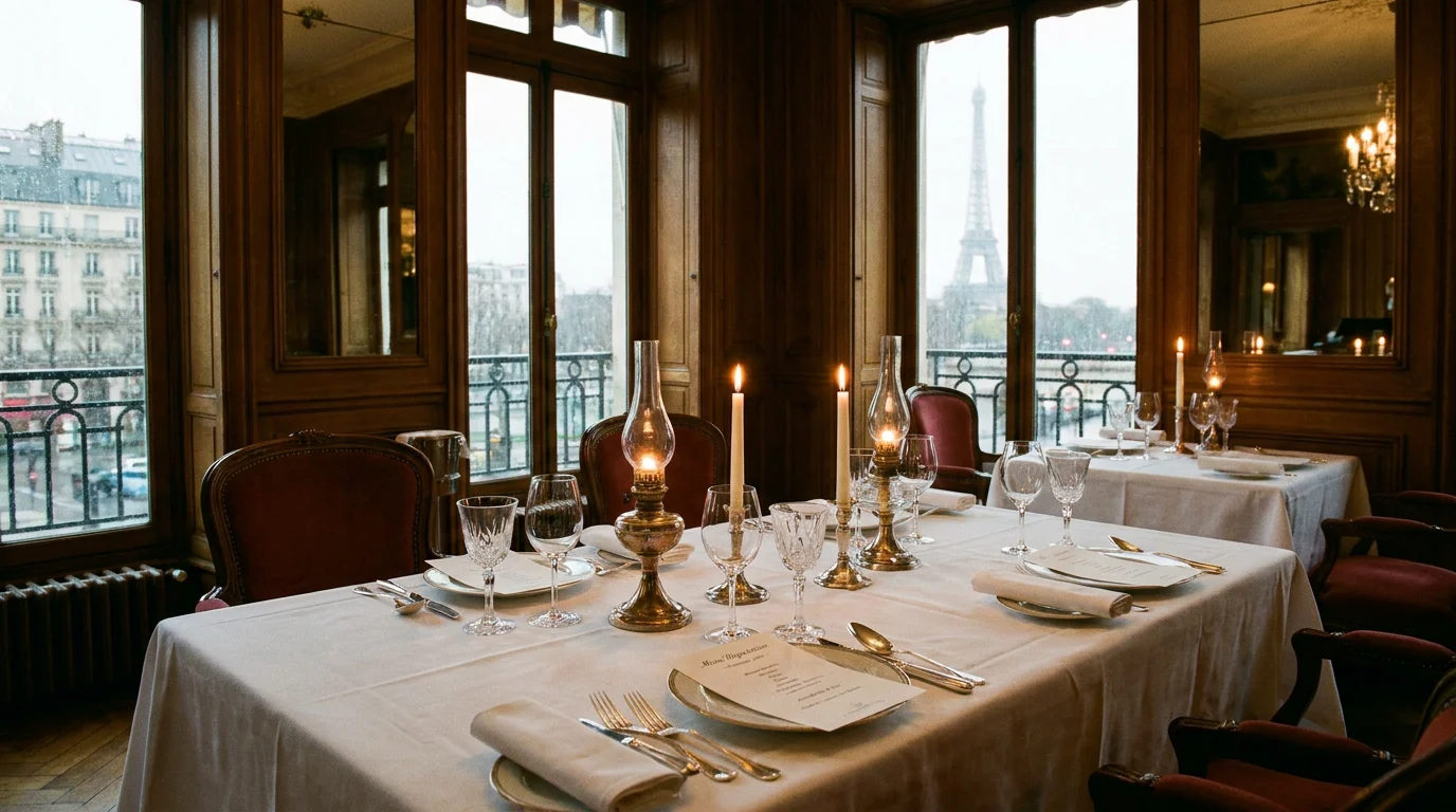 Table élégante dressée dans un grand restaurant gastronomique parisien