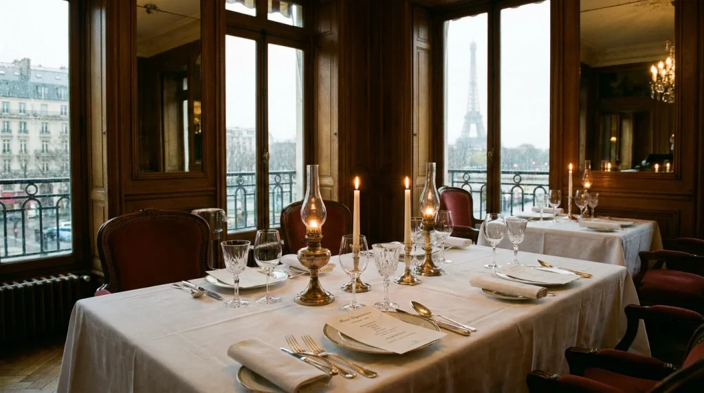 Façade illuminée d'un grand restaurant gastronomique parisien en soirée