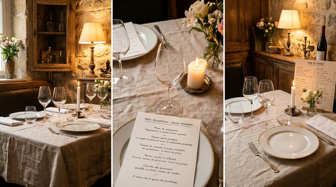 Table dressée dans un restaurant gastronomique parisien intimiste avec lumière tamisée