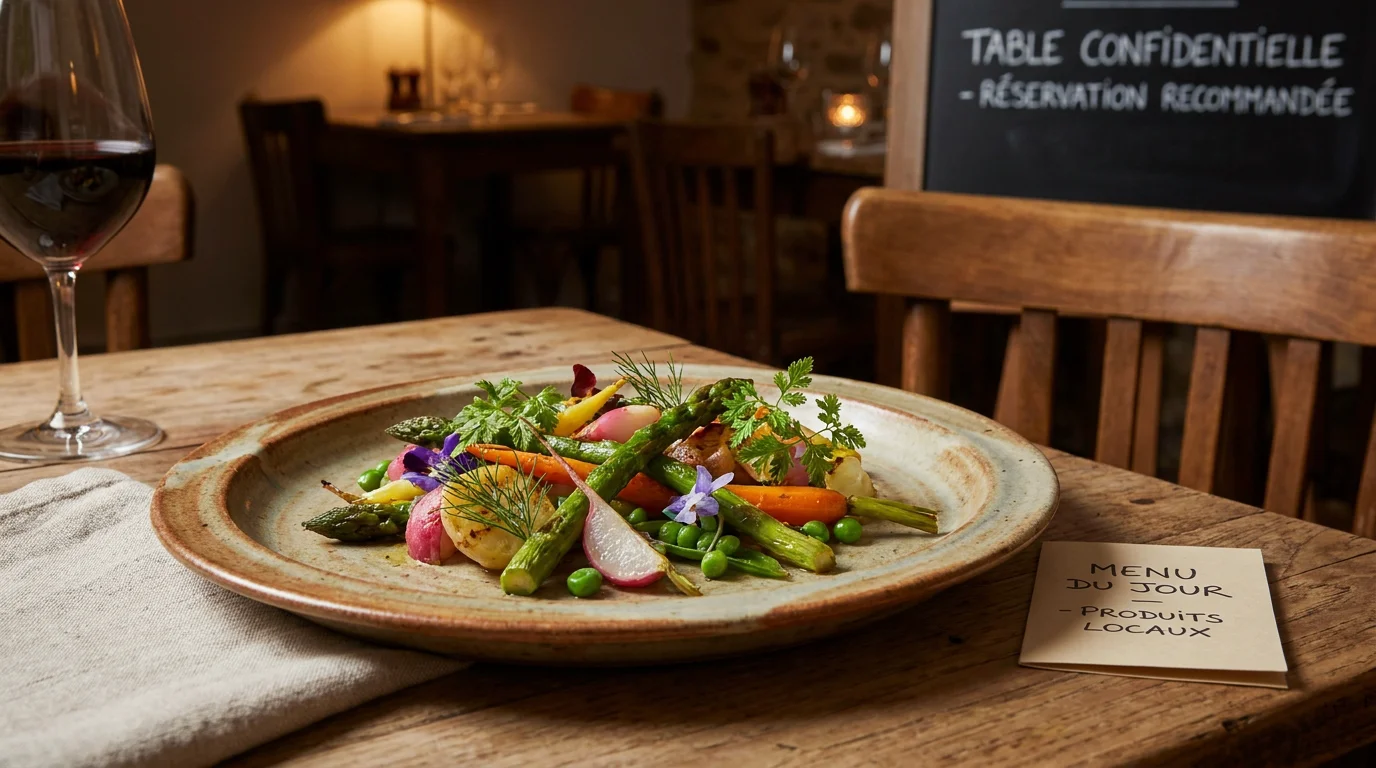Assiette gastronomique de légumes de saison et herbes fraîches dans un restaurant parisien