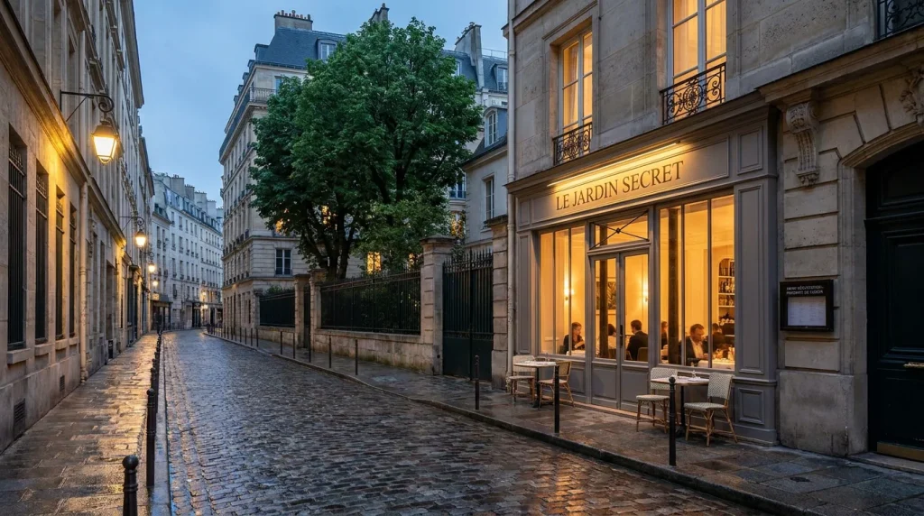 Façade élégante d'un restaurant stylé dans un quartier calme de Paris au crépuscule