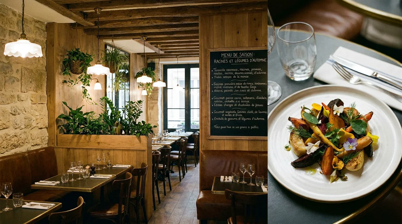 Intérieur intimiste d'un restaurant stylé à Paris avec table dressée et décor contemporain