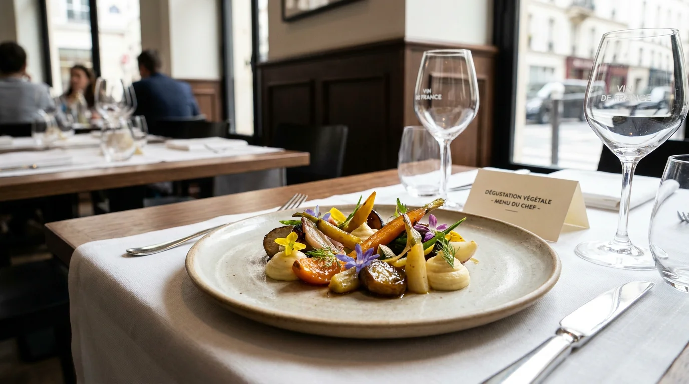 Assiette gastronomique végétale raffinée dans un restaurant stylé parisien