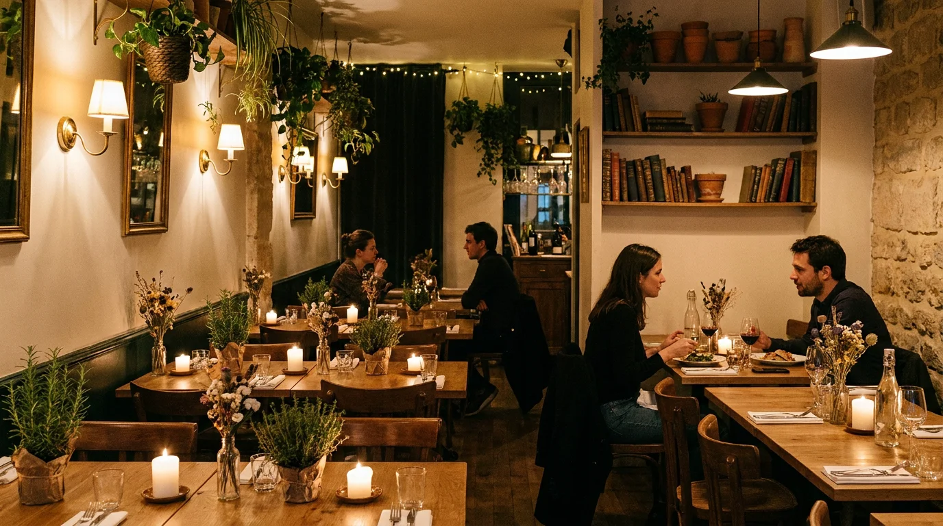 Intérieur intimiste d'un restaurant végétarien gastronomique dans le 17ᵉ arrondissement de Paris