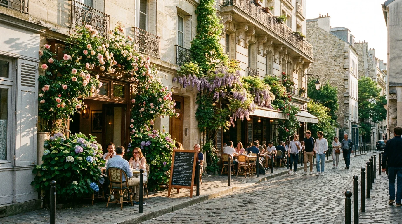 Rue pittoresque du 17ᵉ arrondissement de Paris avec façades de restaurants fleuries