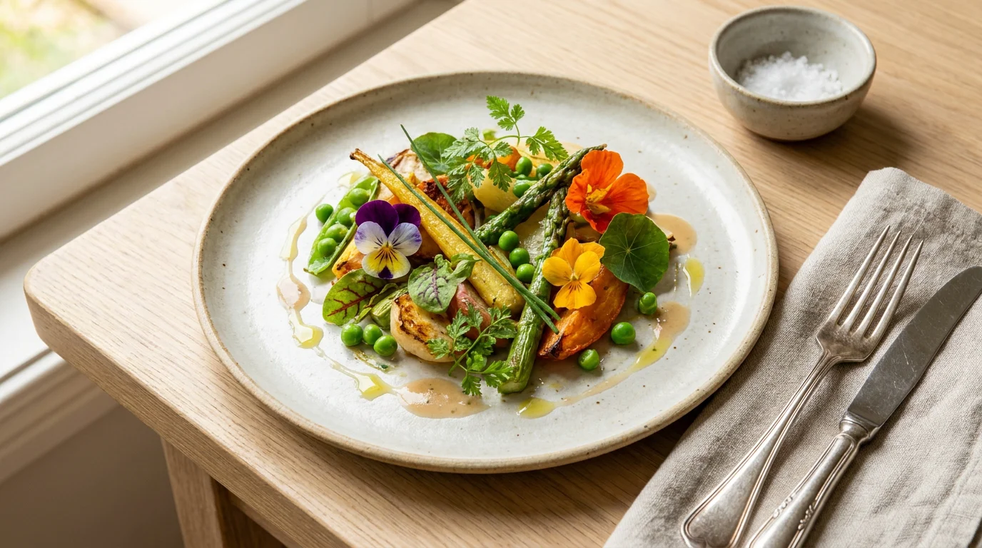 Assiette gastronomique végétarienne de saison avec légumes, herbes et fleurs comestibles
