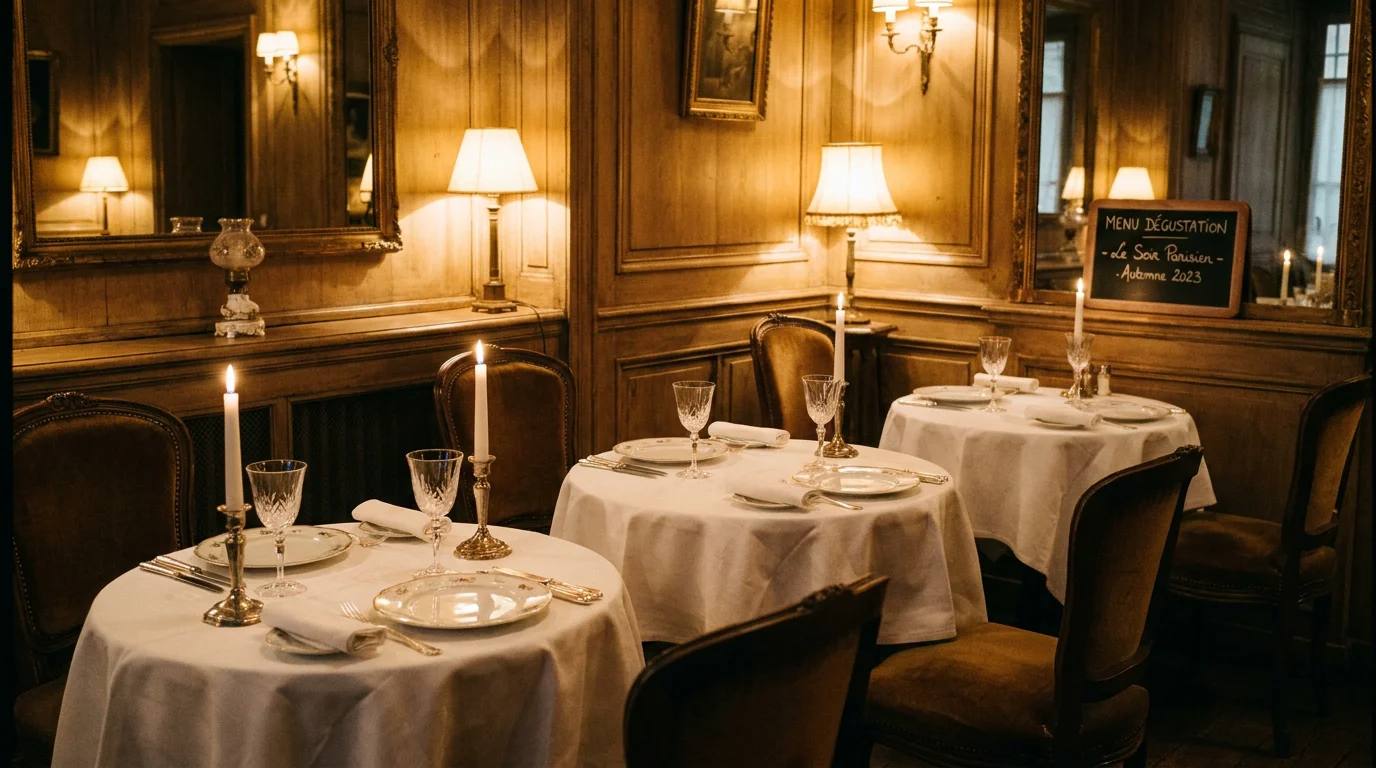Salle intimiste d'un restaurant prestigieux à Paris avec éclairage tamisé et arts de la table raffinés