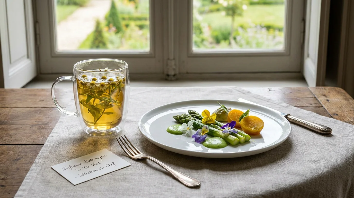 Accord mets et boisson botanique sans alcool dans un restaurant gastronomique parisien